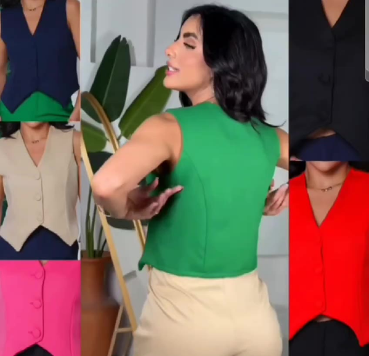 Colete Alfaiataria Feminino Curto com Botão Encapado