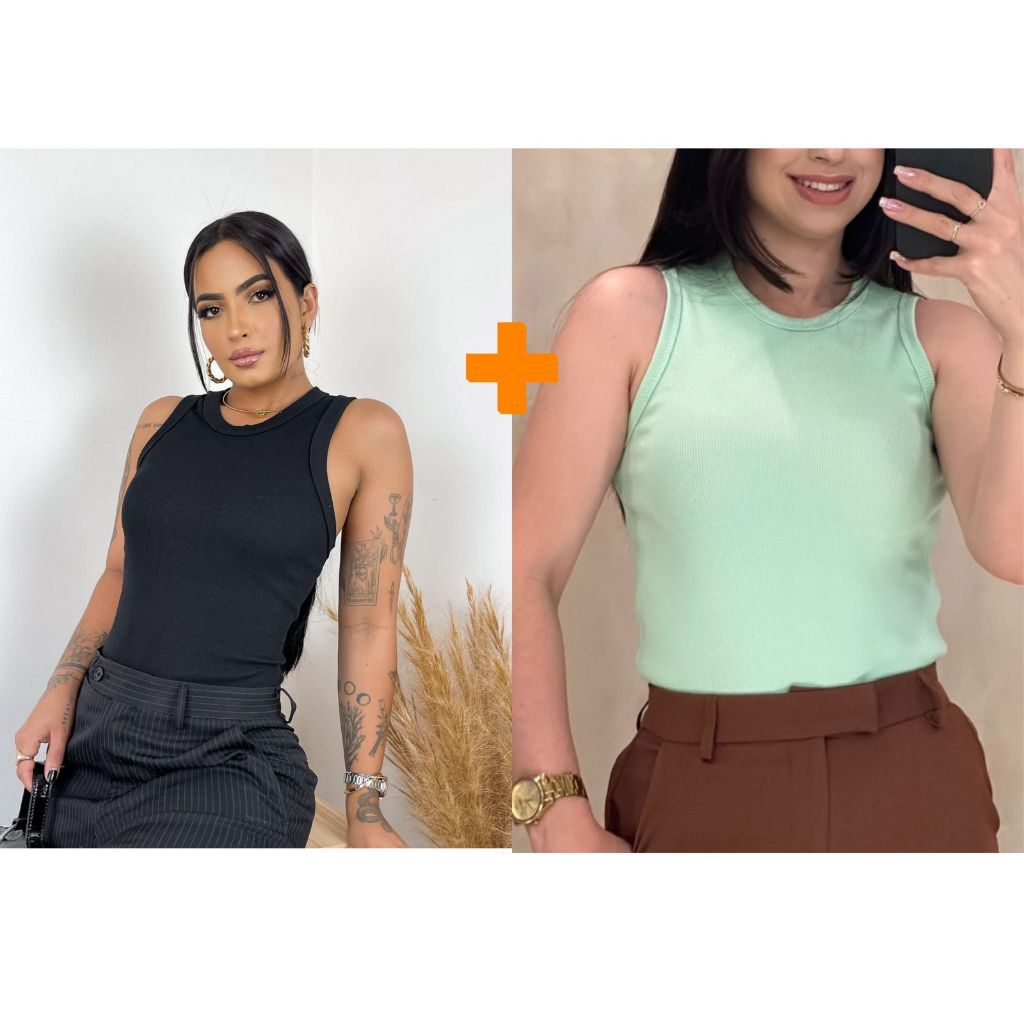 Kit 2 Blusas Feminina Regata Canelada Ribana Premium Social Americana Basica Promoção