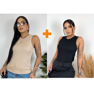 Kit 2 Blusas Feminina Regata Canelada Ribana Premium Social Americana Basica Promoção