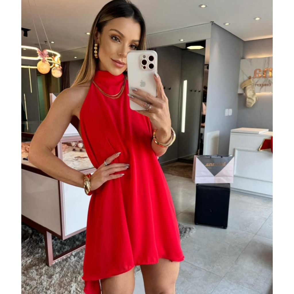 Vestido Feminino Soltinho Rodado Frente Única Gola Elegante Leve Verão 2025 Confortável
