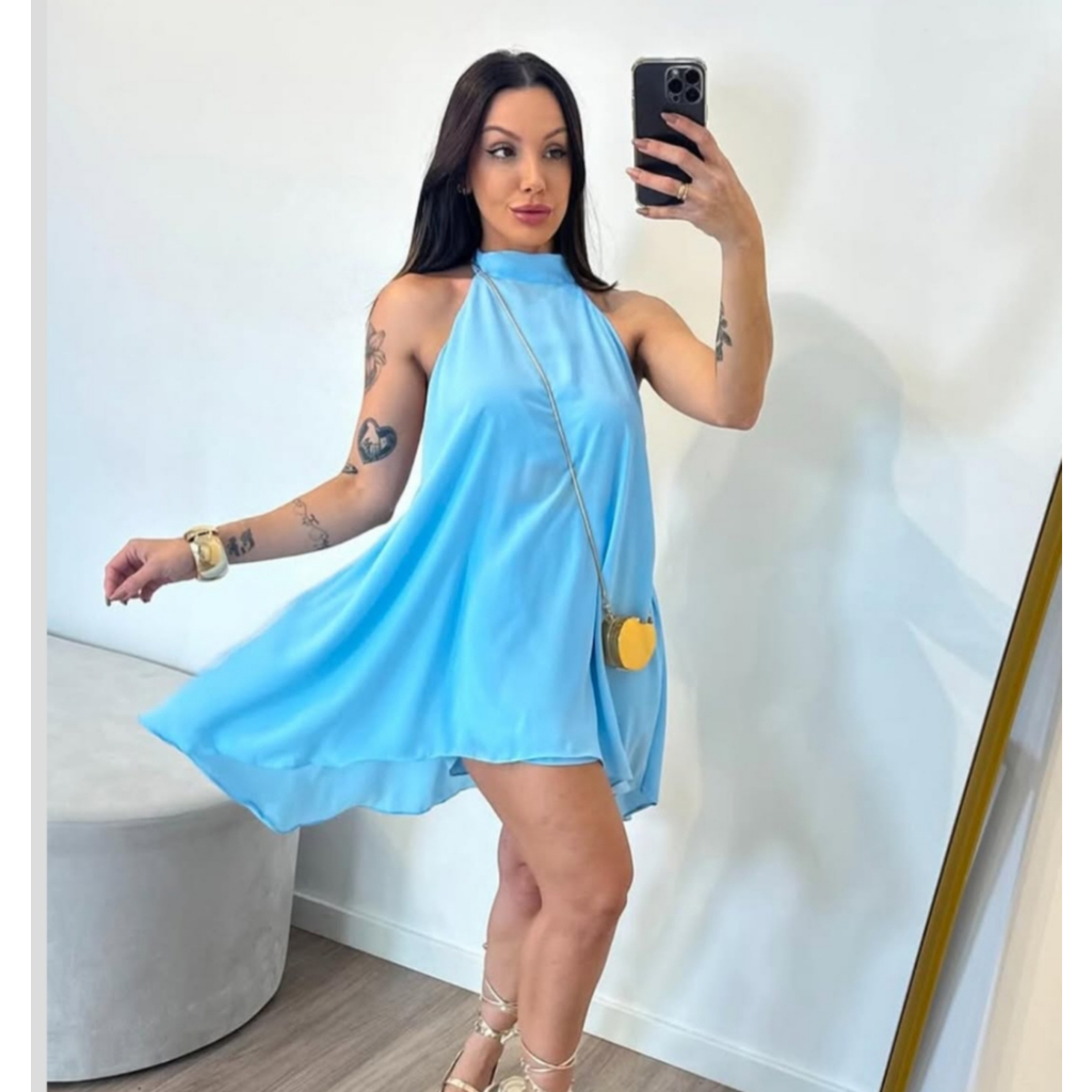 Vestido Feminino Soltinho Rodado Frente Única Gola Elegante Leve Verão 2025 Confortável