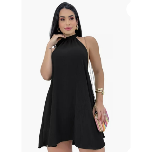 Vestido Feminino Soltinho Rodado Frente Única Gola Elegante Leve Verão 2025 Confortável