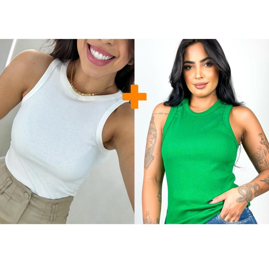 Kit 2 Blusas Feminina Regata Canelada Ribana Premium Social Americana Basica Promoção