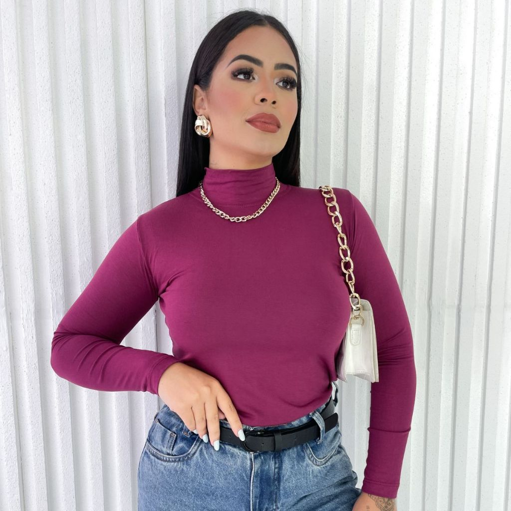 Blusa Feminina Cacharrel Gola Alta Manga Longa Segunda Pele Básica Elegante