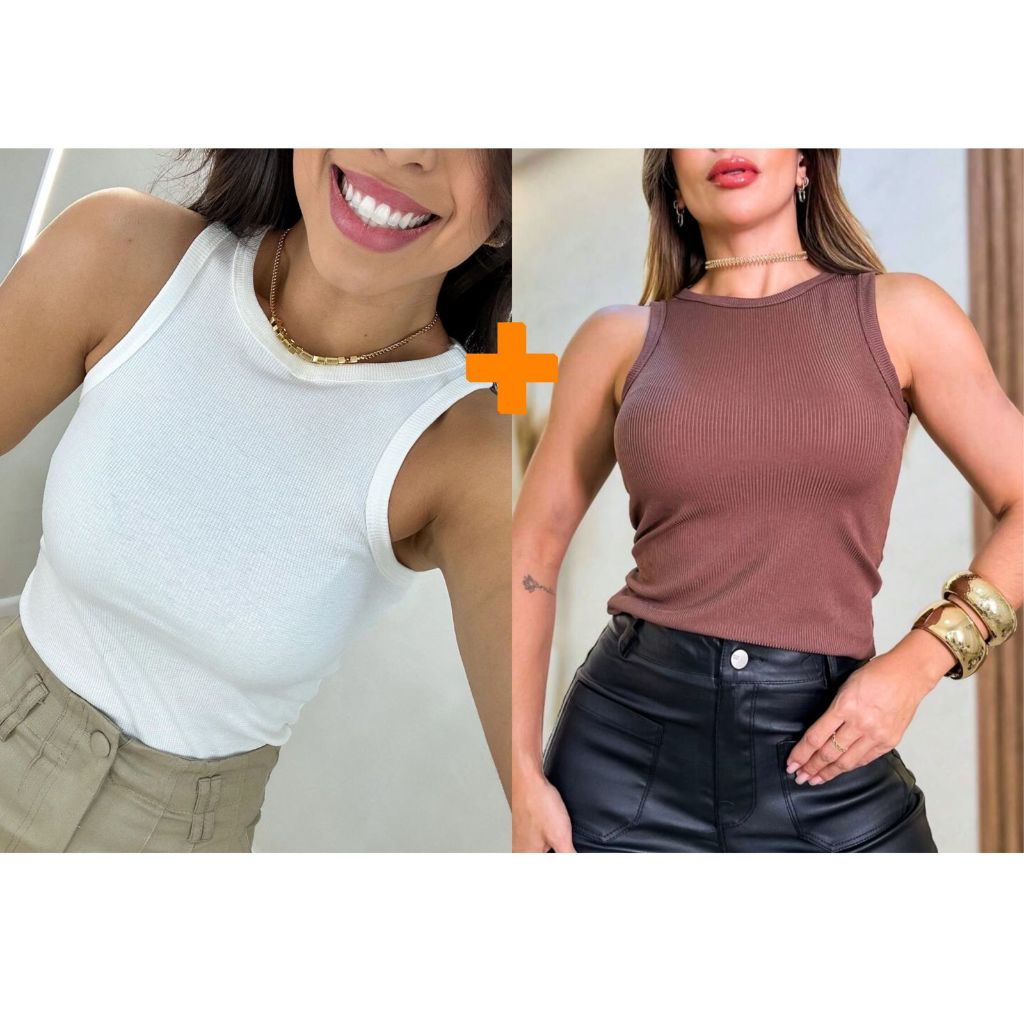 Kit 2 Blusas Feminina Regata Canelada Ribana Premium Social Americana Basica Promoção