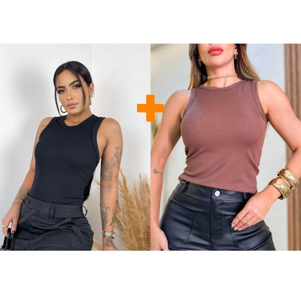 Kit 2 Blusas Feminina Regata Canelada Ribana Premium Social Americana Basica Promoção