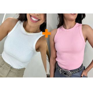 Kit 2 Blusas Feminina Regata Canelada Ribana Premium Social Americana Basica Promoção