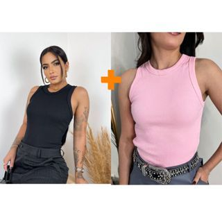 Kit 2 Blusas Feminina Regata Canelada Ribana Premium Social Americana Basica Promoção