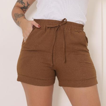 Short Feminino de Linho Barra Dobrada Cintura Confortável