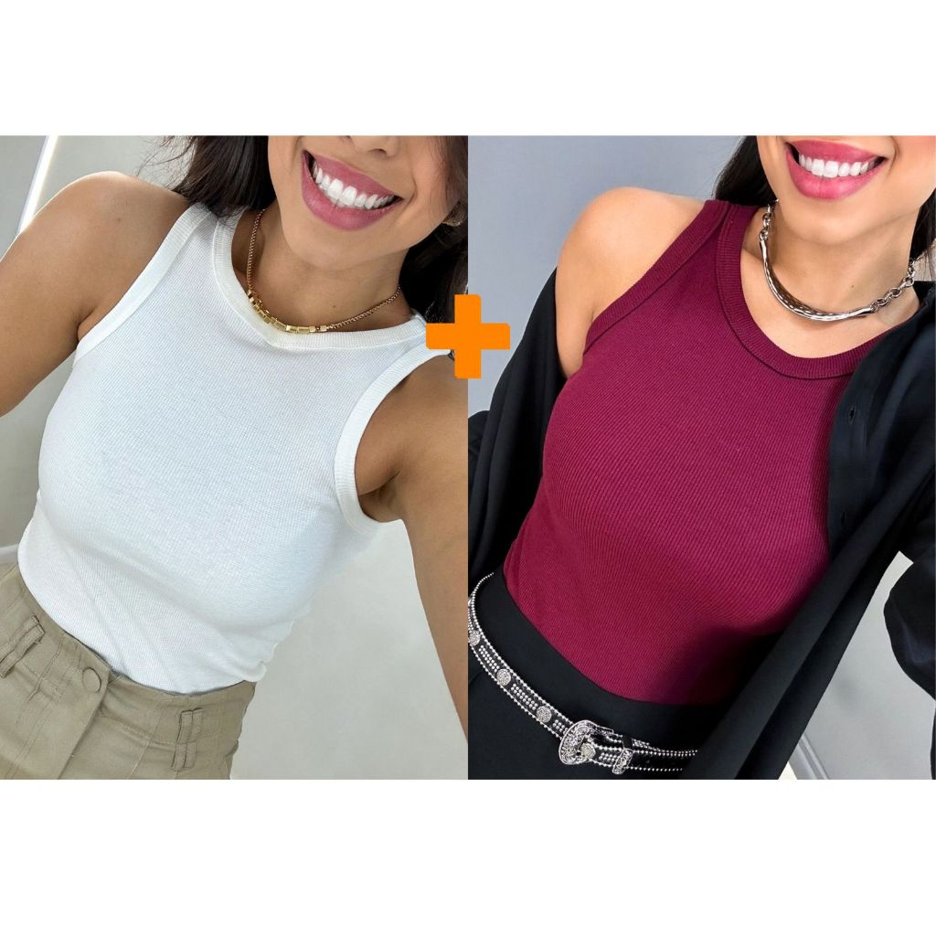 Kit 2 Blusas Feminina Regata Canelada Ribana Premium Social Americana Basica Promoção