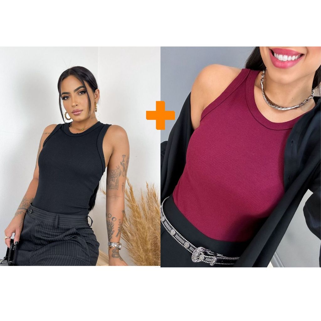 Kit 2 Blusas Feminina Regata Canelada Ribana Premium Social Americana Basica Promoção
