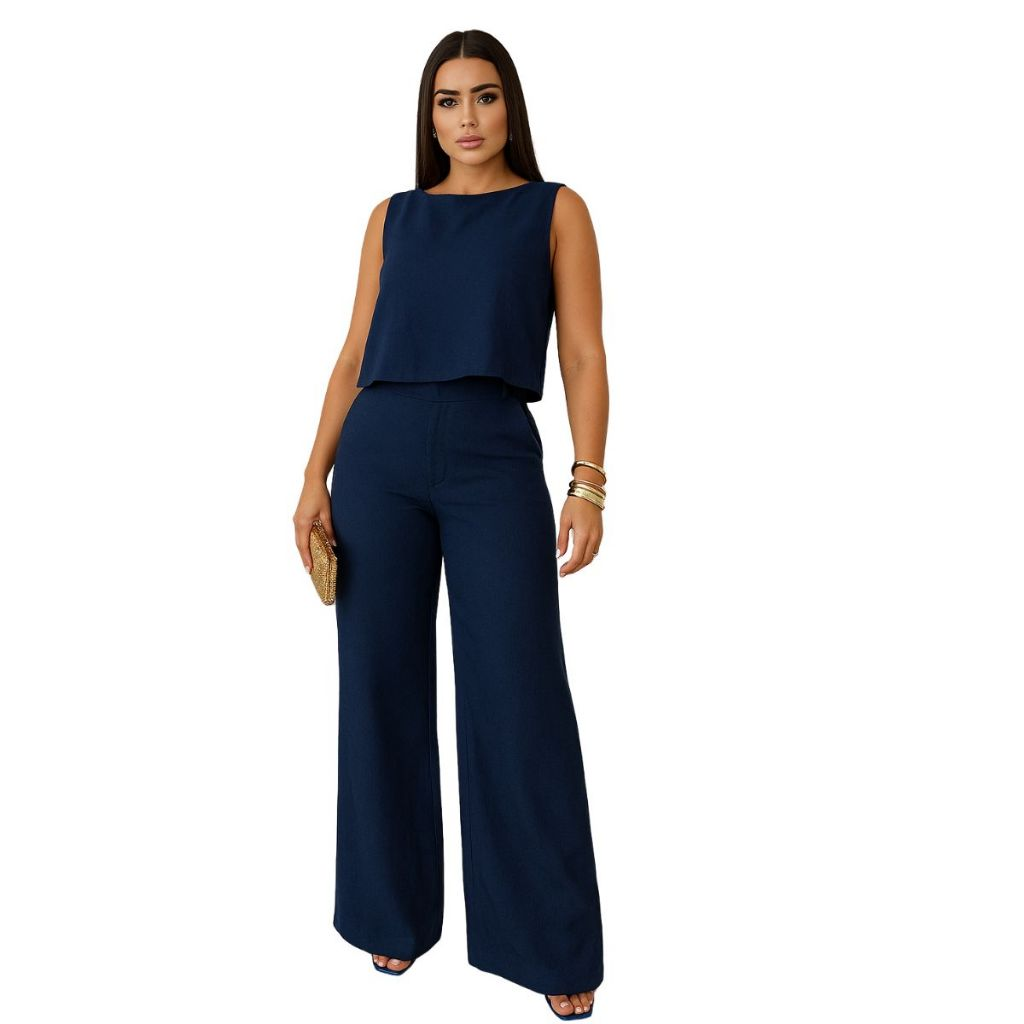 Conjunto Feminino Alfaiataria em Linho – Calça Pantalona e Blusa Regata Elegante