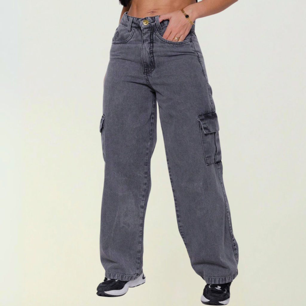 Calça Cargo Jeans Feminina Wide Leg Cintura Alta com Bolsos Laterais – Premium 100% Algodão