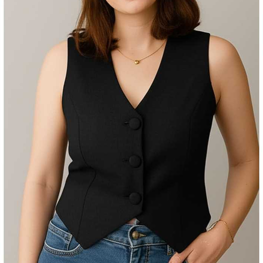 Colete Alfaiataria Feminino Curto com Botão Encapado