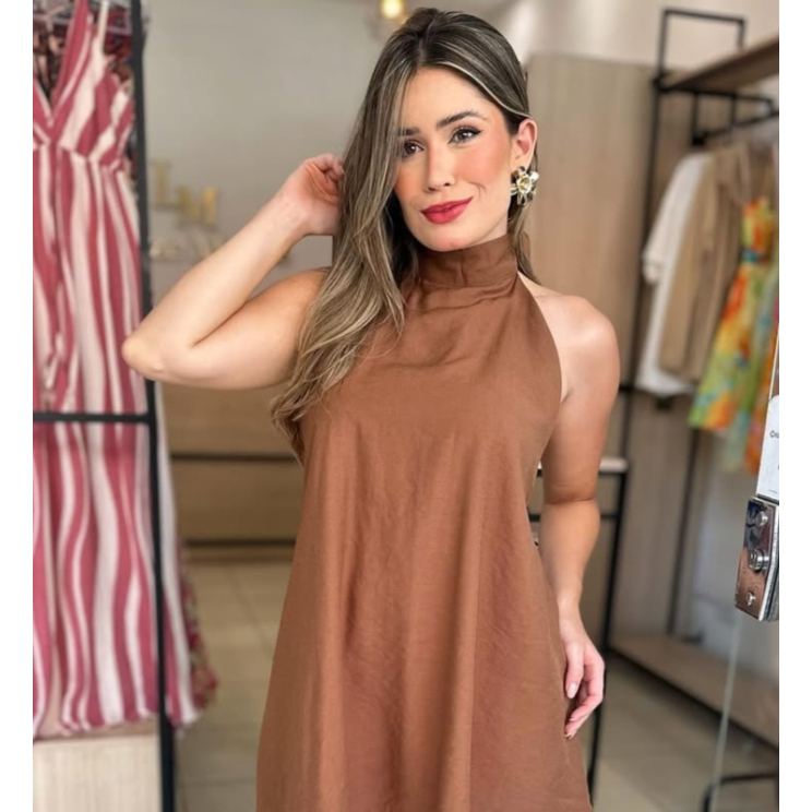 Vestido Feminino Soltinho Rodado Frente Única Gola Elegante Leve Verão 2025 Confortável