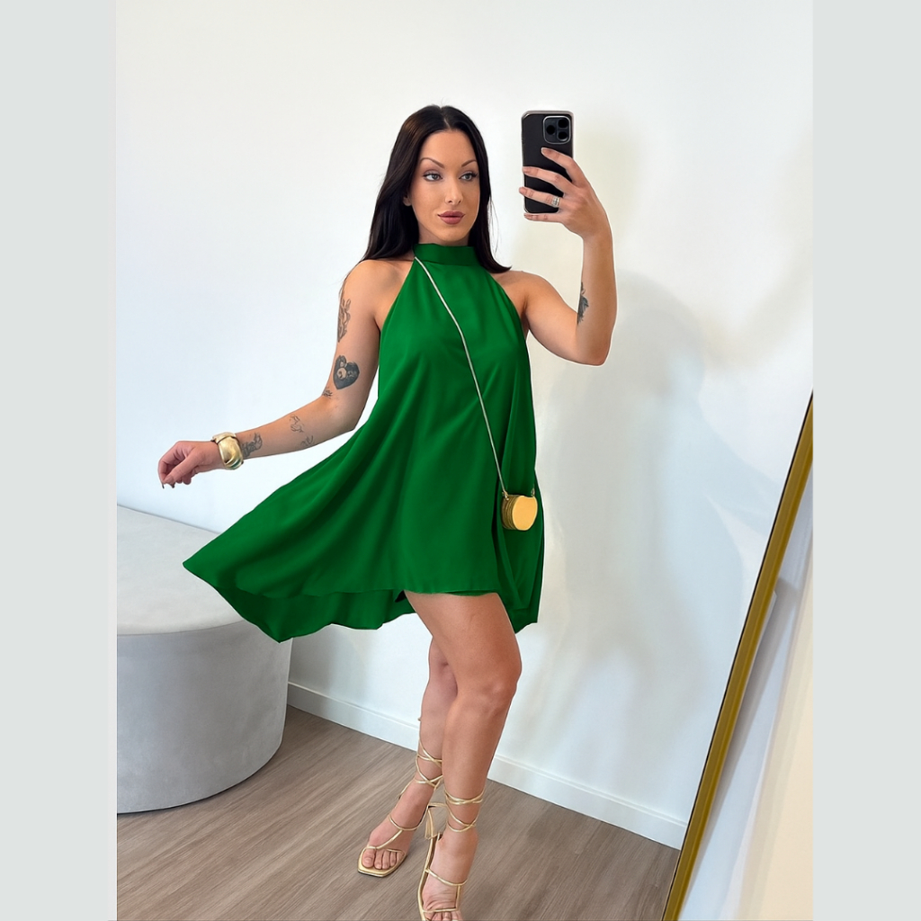 Vestido Feminino Soltinho Rodado Frente Única Gola Elegante Leve Verão 2025 Confortável