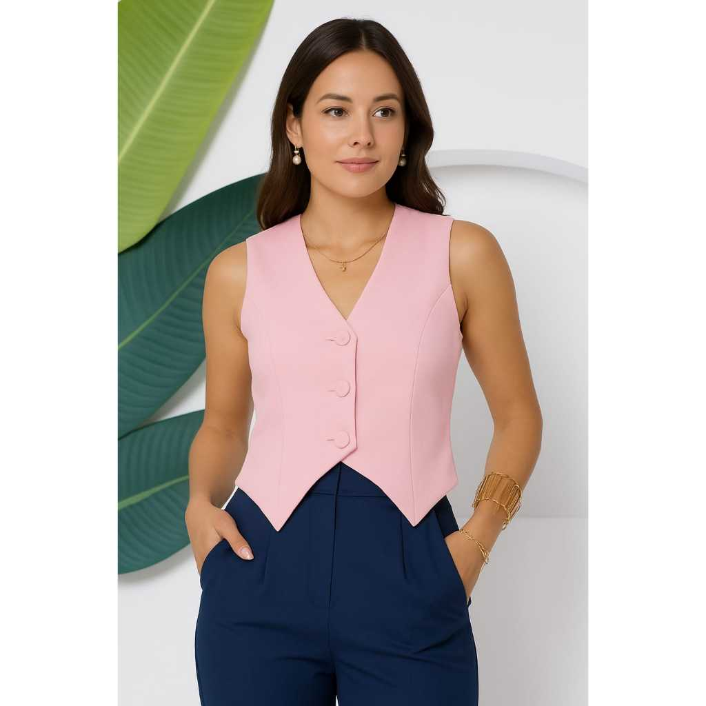 Colete Alfaiataria Feminino Curto com Botão Encapado