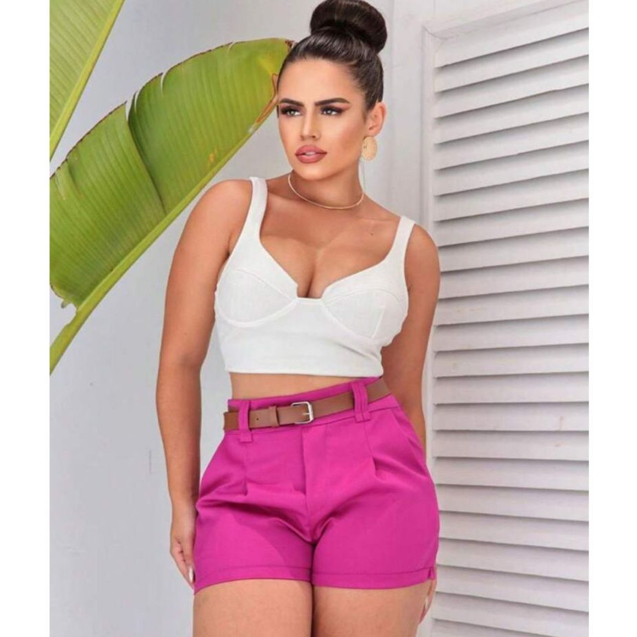 Short Alfaiataria Feminino Social com Cinto Cintura Alta PROMOÇÃO