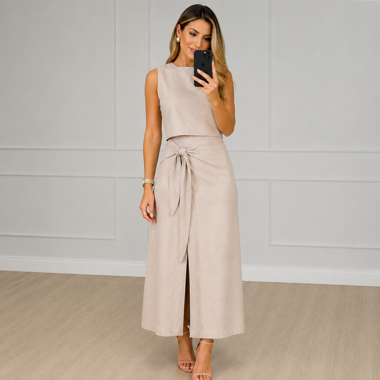 Conjunto Feminino Colete e Saia Midi com Fenda Elegante
