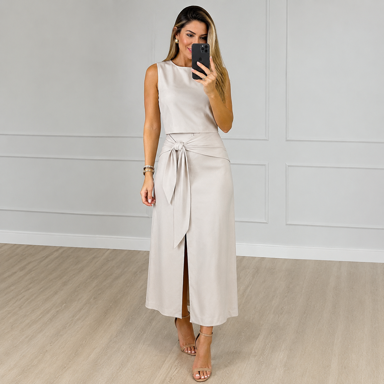 Conjunto Feminino Colete e Saia Midi com Fenda Elegante