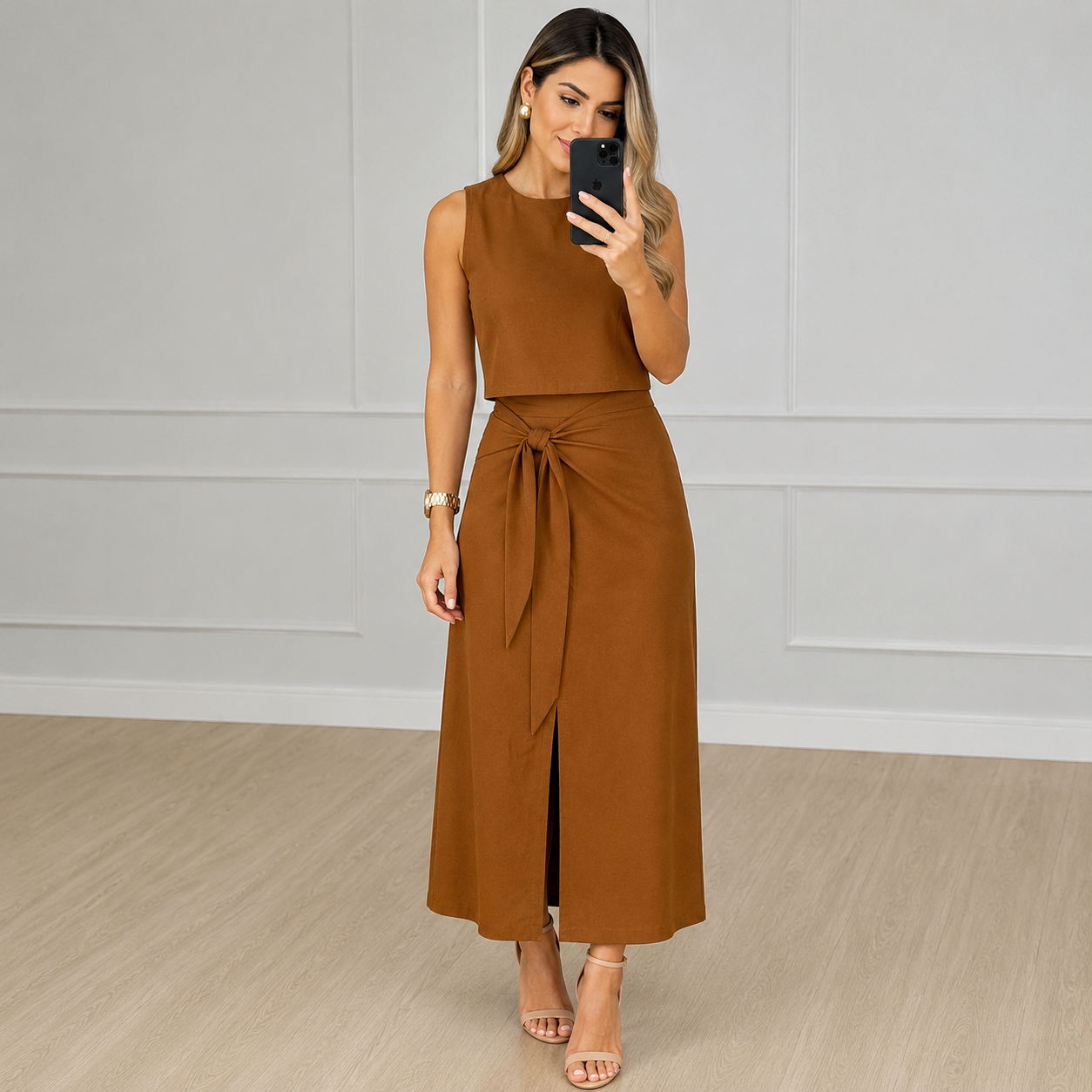 Conjunto Feminino Colete e Saia Midi com Fenda Elegante