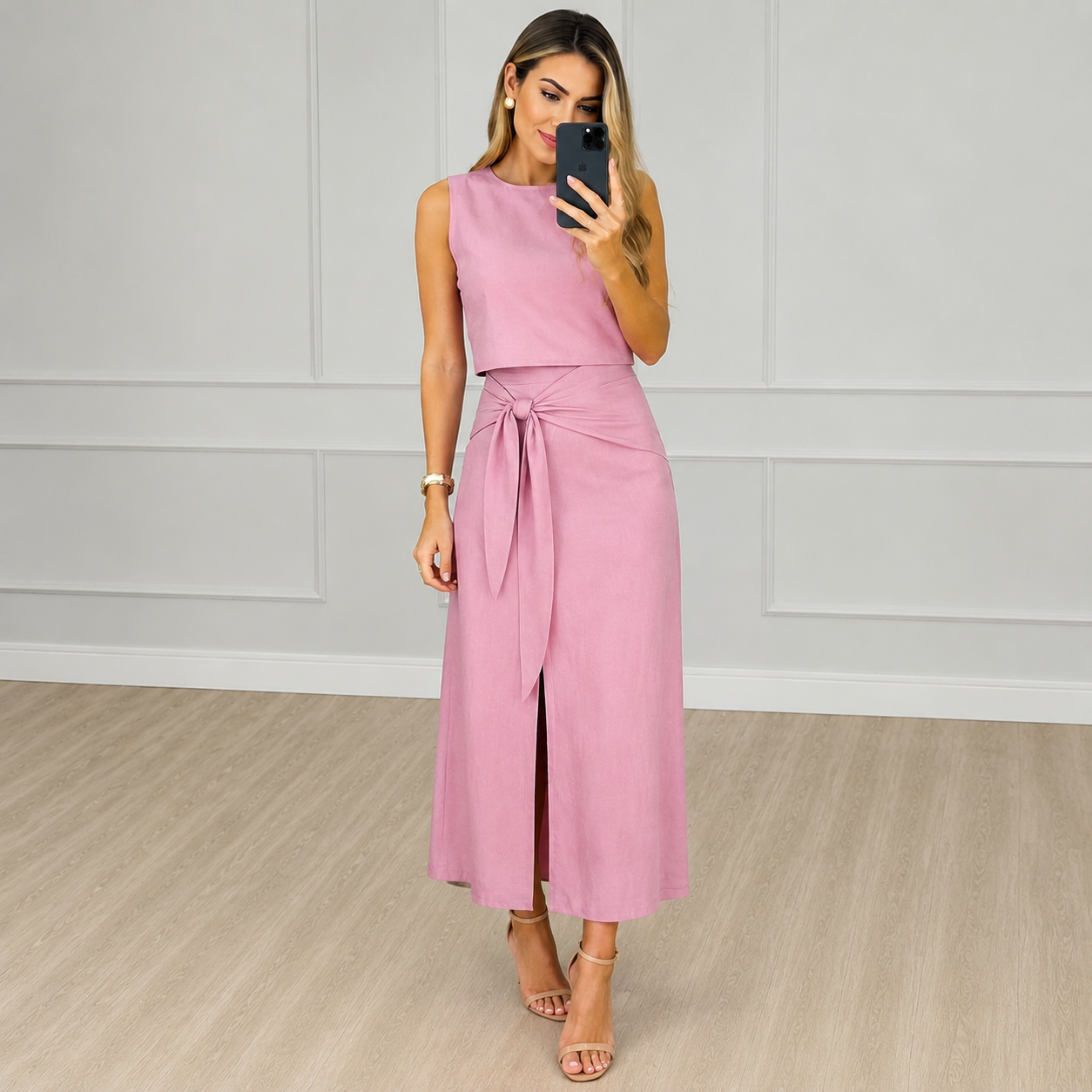 Conjunto Feminino Colete e Saia Midi com Fenda Elegante