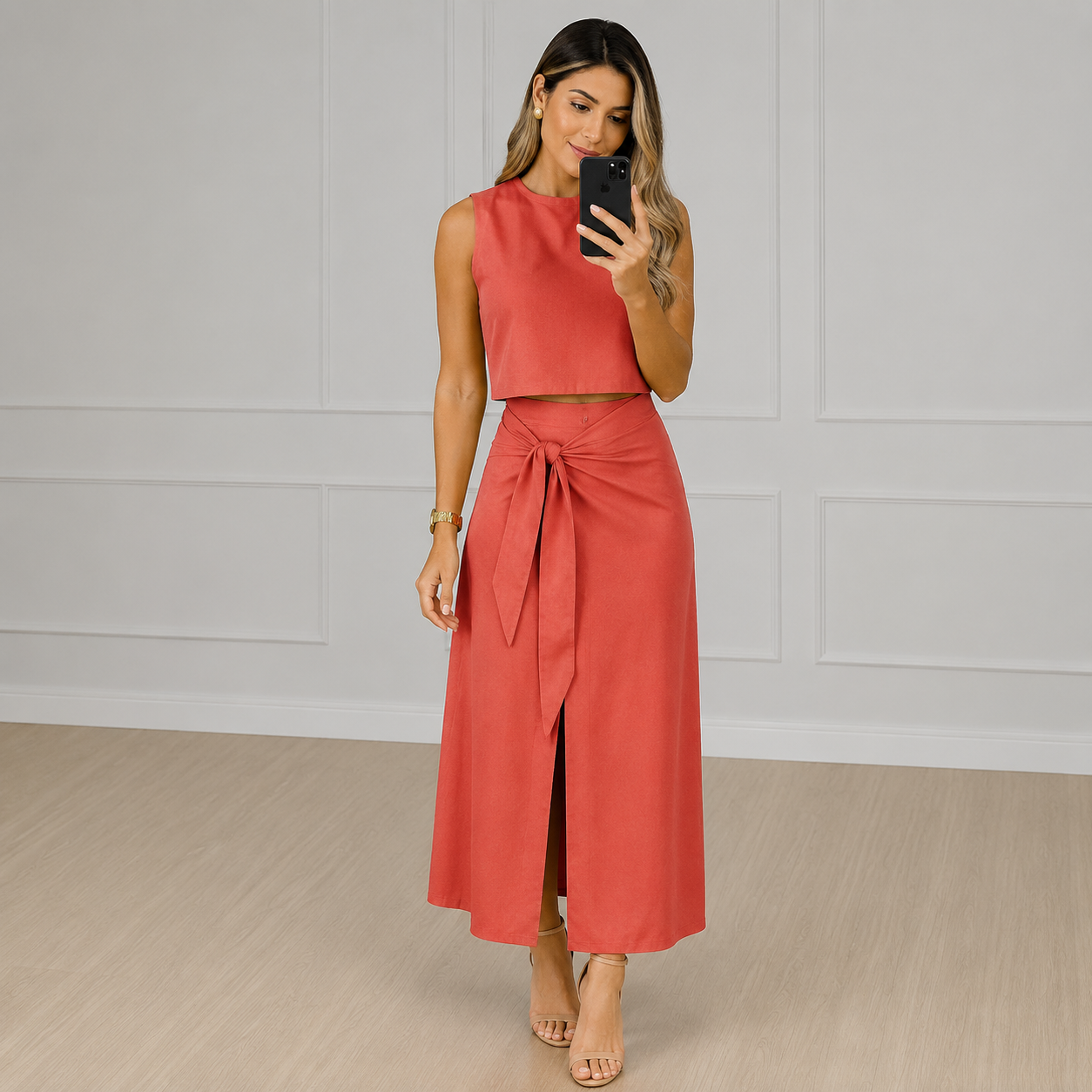 Conjunto Feminino Colete e Saia Midi com Fenda Elegante