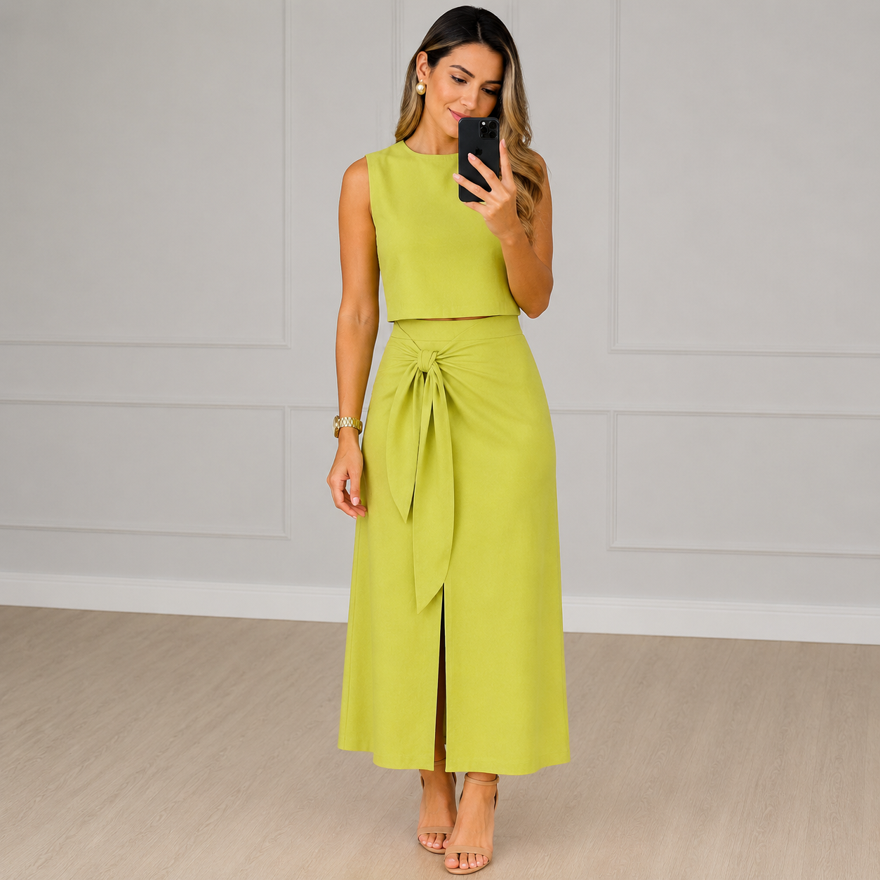 Conjunto Feminino Colete e Saia Midi com Fenda Elegante