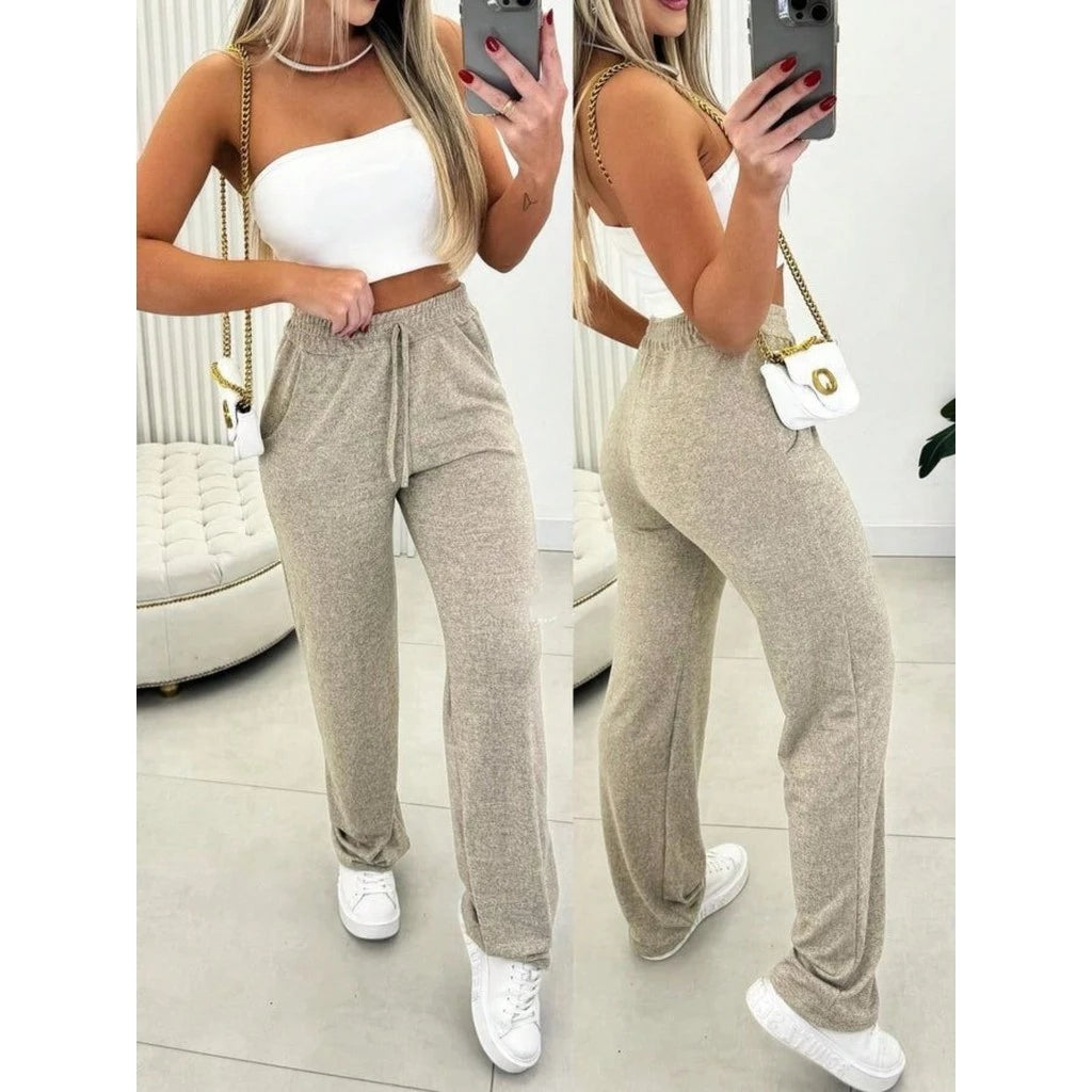Calça Pantalona Feminina Lanzinha Cintura Alta com Bolso e Elástico