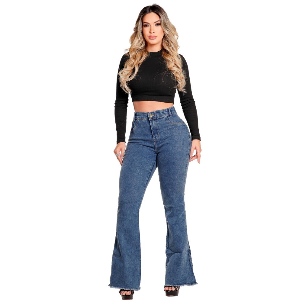 Calça Jeans Feminina Flare Marmorizada Lycra Modelagem Empina Bumbum Barra Desfiada