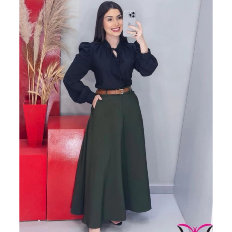 Saia Longa Feminina Alfaiataria Moda Evangélica Casual Básica Inverno Cintura Alta