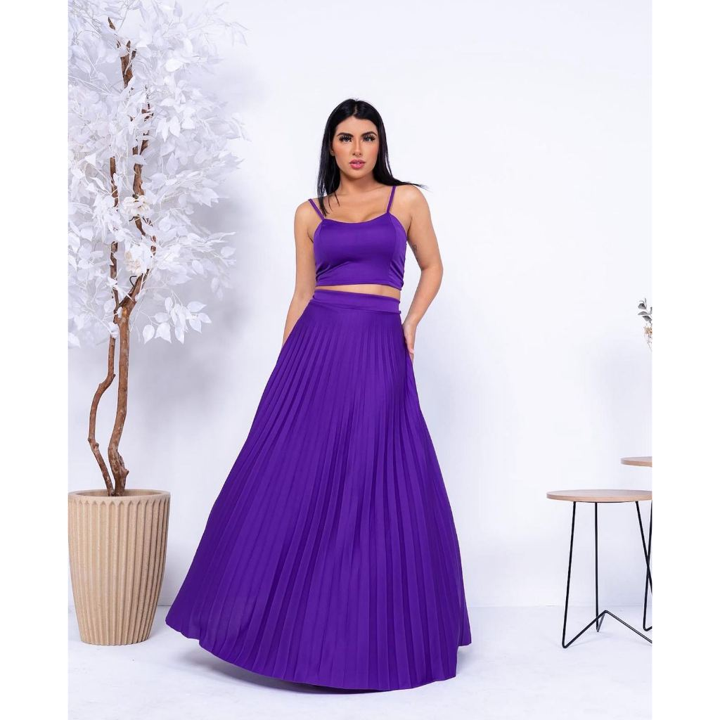 Saia Plissada Longa Evangélica Elegante Forrada Lisa