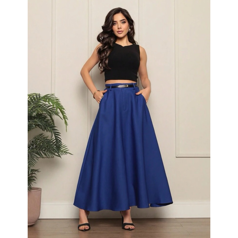 Saia Longa Feminina Alfaiataria Moda Evangélica Casual Básica Inverno Cintura Alta