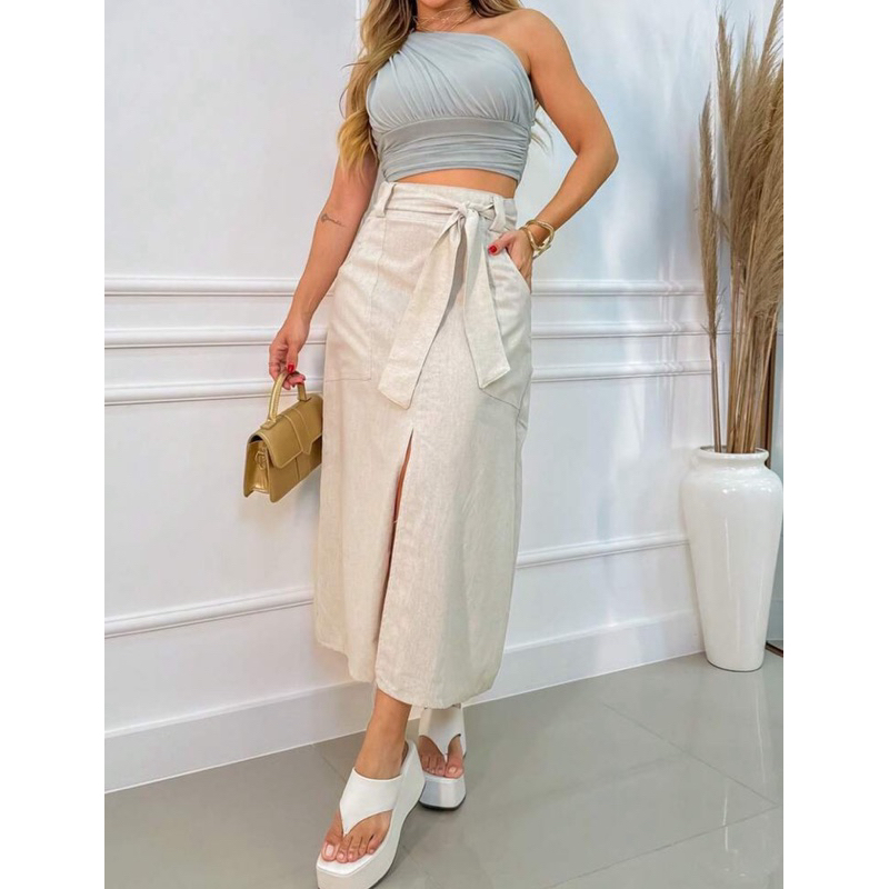 Saia Feminina Midi Linho Moda Evangélica Com Cinto no Material do Tecido Cintura Alta