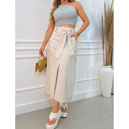 Saia Feminina Midi Linho Moda Evangélica Com Cinto no Material do Tecido Cintura Alta