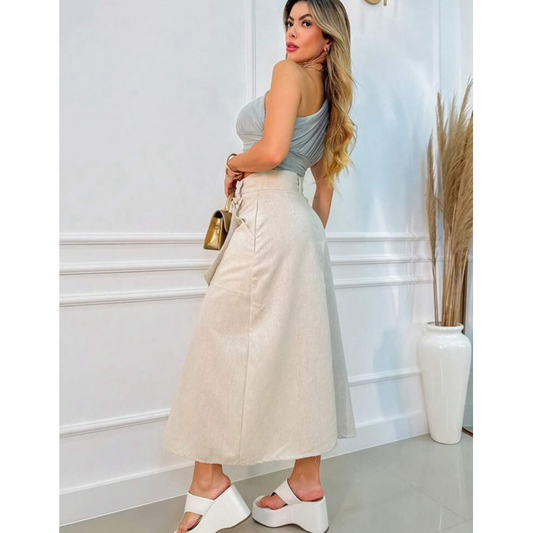 Saia Feminina Midi Linho Moda Evangélica Com Cinto no Material do Tecido Cintura Alta