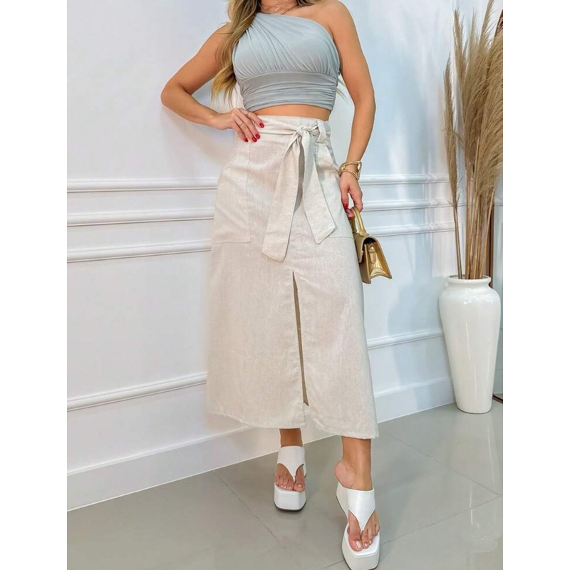Saia Feminina Midi Linho Moda Evangélica Com Cinto no Material do Tecido Cintura Alta