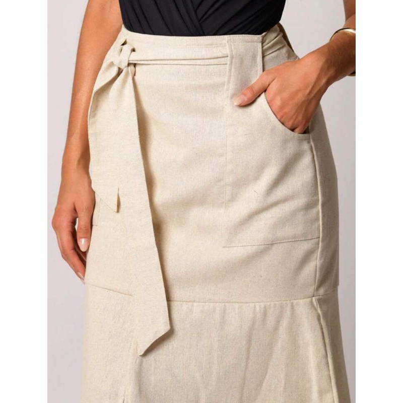 Saia Feminina Midi Linho Moda Evangélica Com Cinto no Material do Tecido Cintura Alta