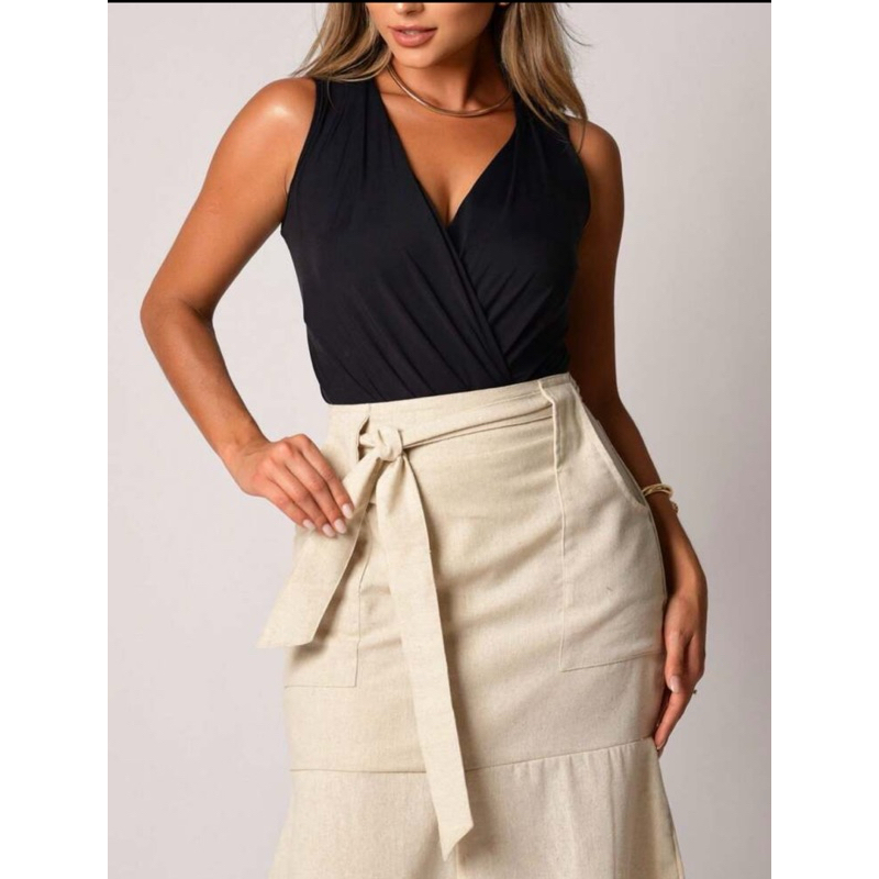 Saia Feminina Midi Linho Moda Evangélica Com Cinto no Material do Tecido Cintura Alta