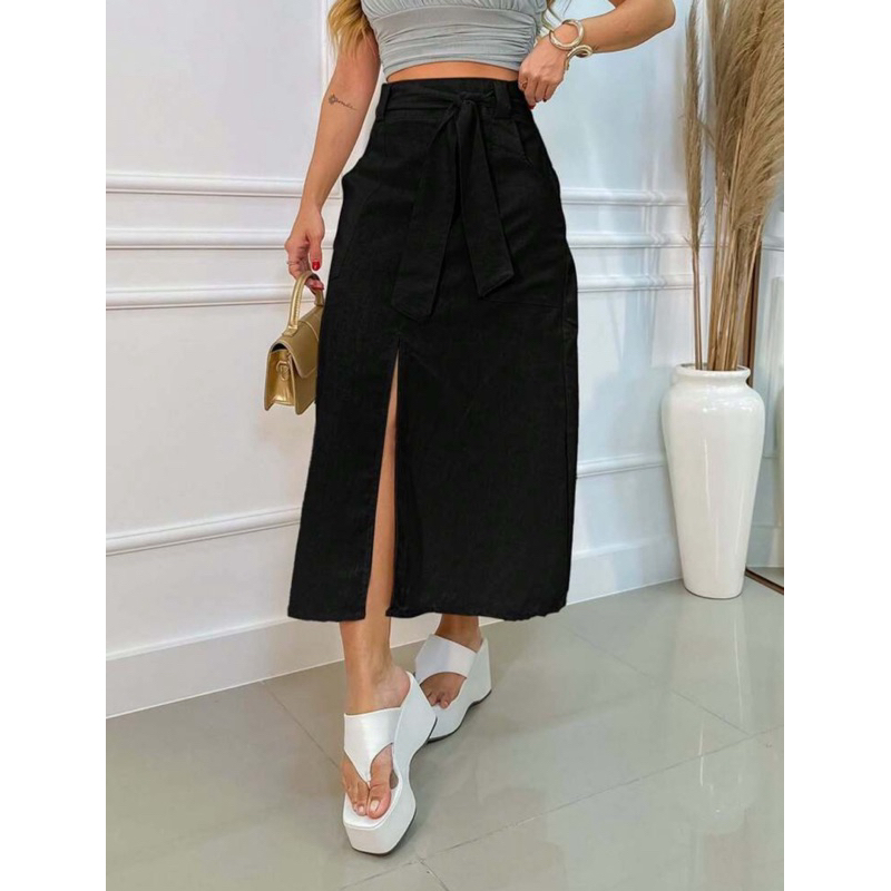 Saia Feminina Midi Linho Moda Evangélica Com Cinto no Material do Tecido Cintura Alta