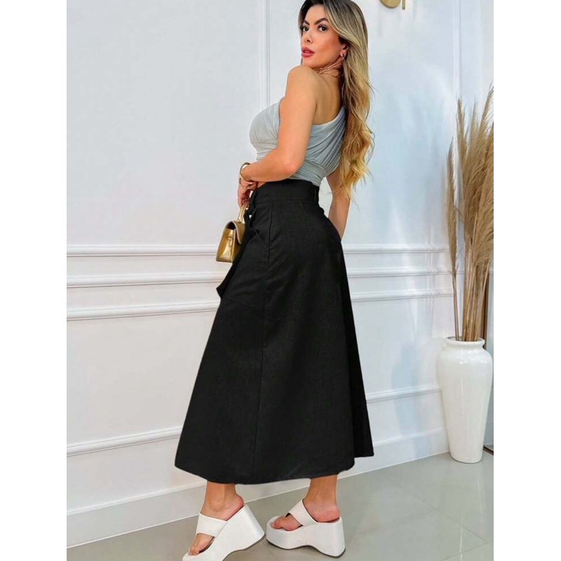 Saia Feminina Midi Linho Moda Evangélica Com Cinto no Material do Tecido Cintura Alta