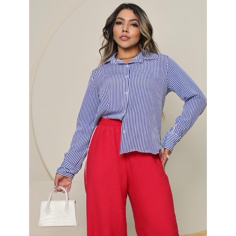 Camisa Social Manga Longa Feminina Crepinho Listrado