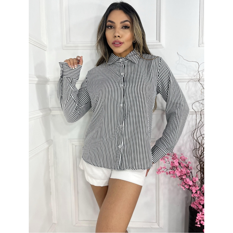 Camisa Social Manga Longa Feminina Crepinho Listrado