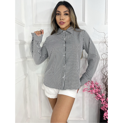 Camisa Social Manga Longa Feminina Crepinho Listrado