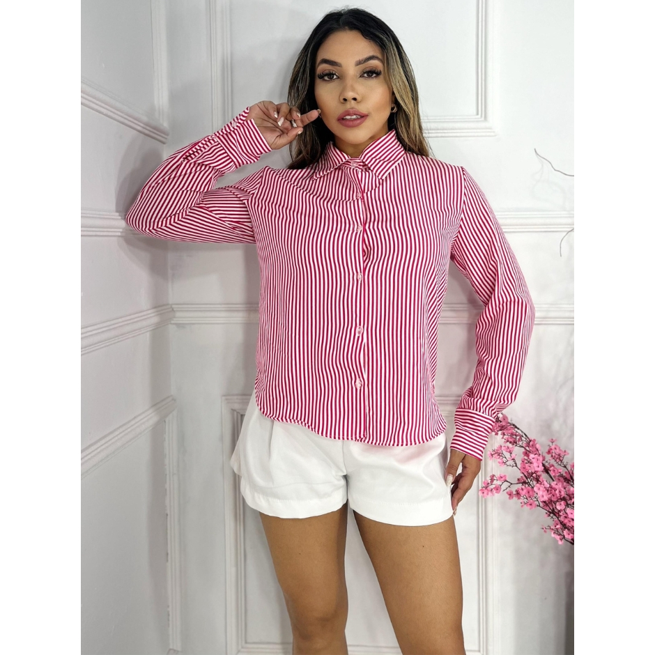 Camisa Social Manga Longa Feminina Crepinho Listrado