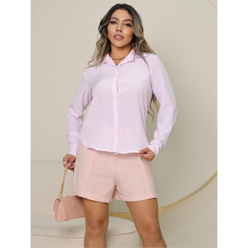 Camisa Social Manga Longa Feminina Crepinho Listrado