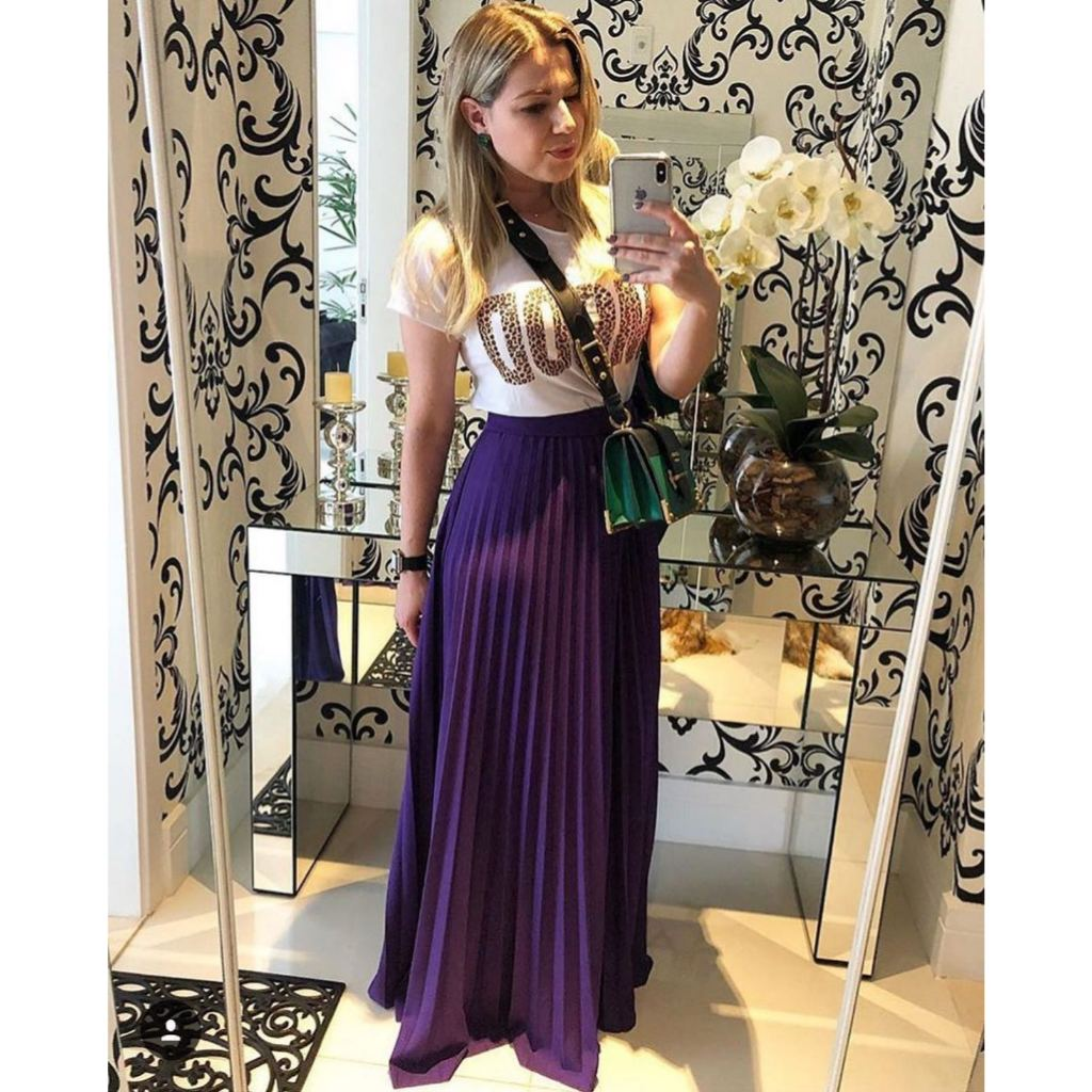 Saia Plissada Longa Evangélica Elegante Forrada Lisa