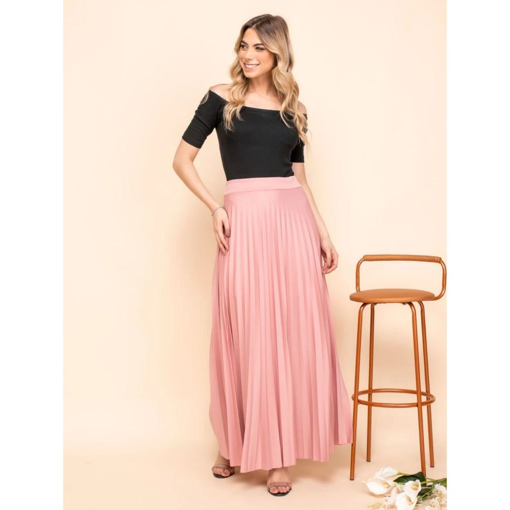 Saia Plissada Longa Evangélica Elegante Forrada Lisa