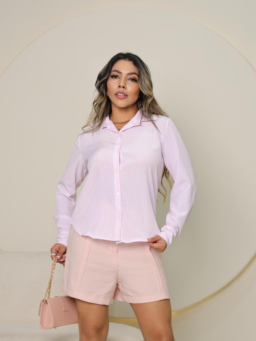 Camisa Social Manga Longa Feminina Crepinho Listrado