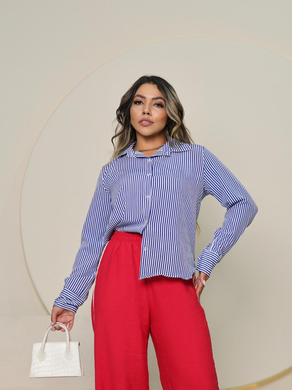 Camisa Social Manga Longa Feminina Crepinho Listrado